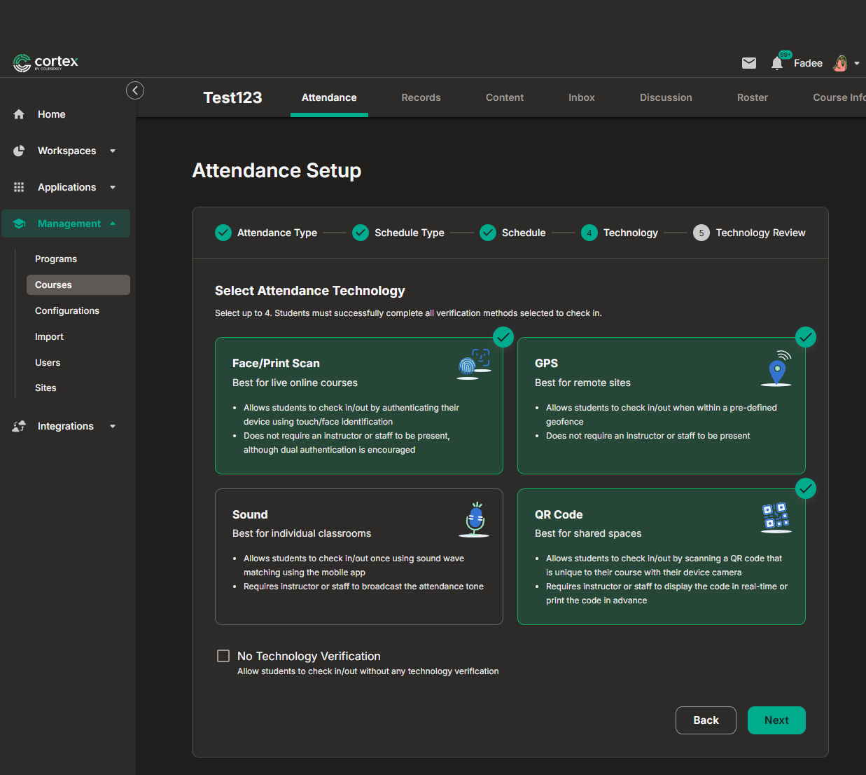 Attendance setup in CourseKey, technology step: the school chooses which check-in methods students must pass, such as face or fingerprint scan, GPS, sound, or QR code.