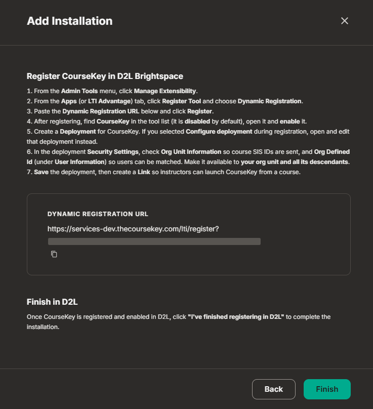 Setup dialog for registering CourseKey in D2L Brightspace through LTI 1.3 dynamic registration, with numbered steps and the registration URL to paste.