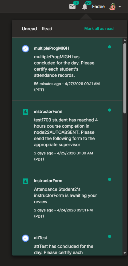 Instructor notification inbox on the Unread tab: an alert to certify a class’s attendance at the end of the day, and two alerts about student forms to send or review.